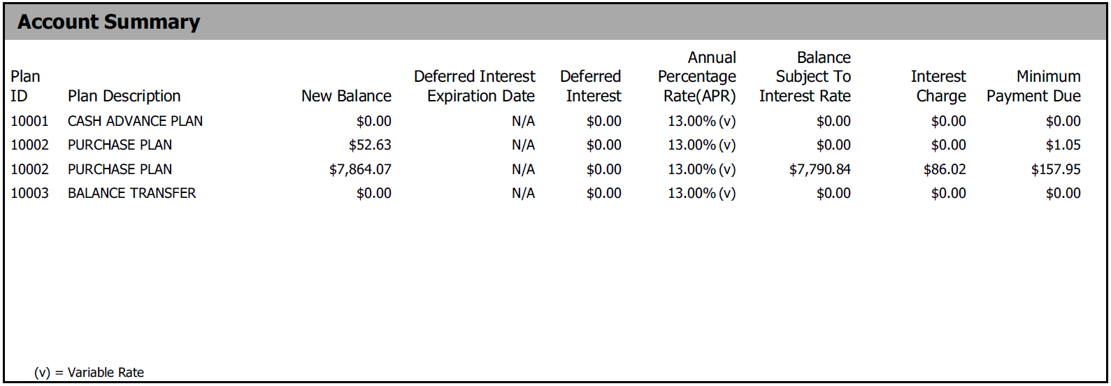 Image of Account Summary portion on Illuminati Private Bank credit card statement