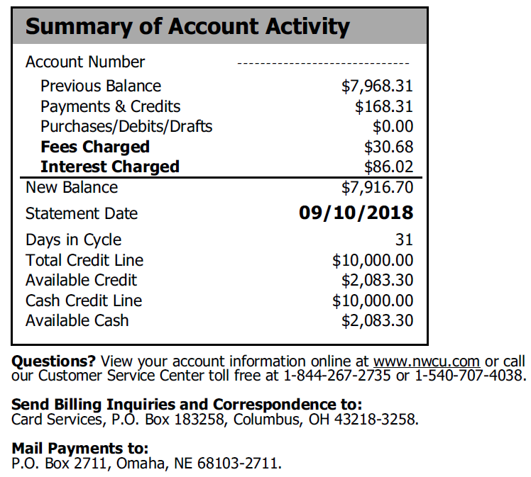 Image of Account Activity Summary on Illuminati Private Bank credit card statement